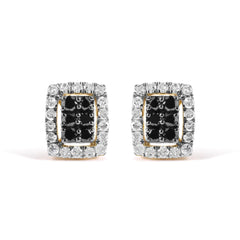 Men's 10K Yellow Gold 1.00 Cttw White and Black Diamond Emerald Shape Halo Stud Earring (Black / I-J Color, I2-I3 Clarity)