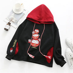 Casual Cartoon Embroidery Hooded Velvet Sweater