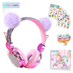 SVYHUOK Girls Purple Pompon Wired HeadphonesCute Cat Ear Kids Game Headset for Teens Tablet Laptop PCOver Ear Children Headset withMicfor School Birthday Xmas Gifts