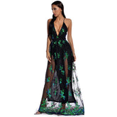 Contrast Sequin Deep V Neck Sleeveless Maxi Dress