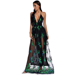 Contrast Sequin Deep V Neck Sleeveless Maxi Dress