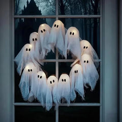 Halloween Ghost Wreath, 12 LED Light-Up White Ghost Garland, Spooky Indoor & Outdoor Hanging Decoration For Front Door, Wall