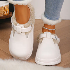 Waterproof Eva Furry Mules Slippers Women 2025 Winter Metal Buckle Warm Plush Slippers Soft Thick Bottom Non Slip Indoor Slides