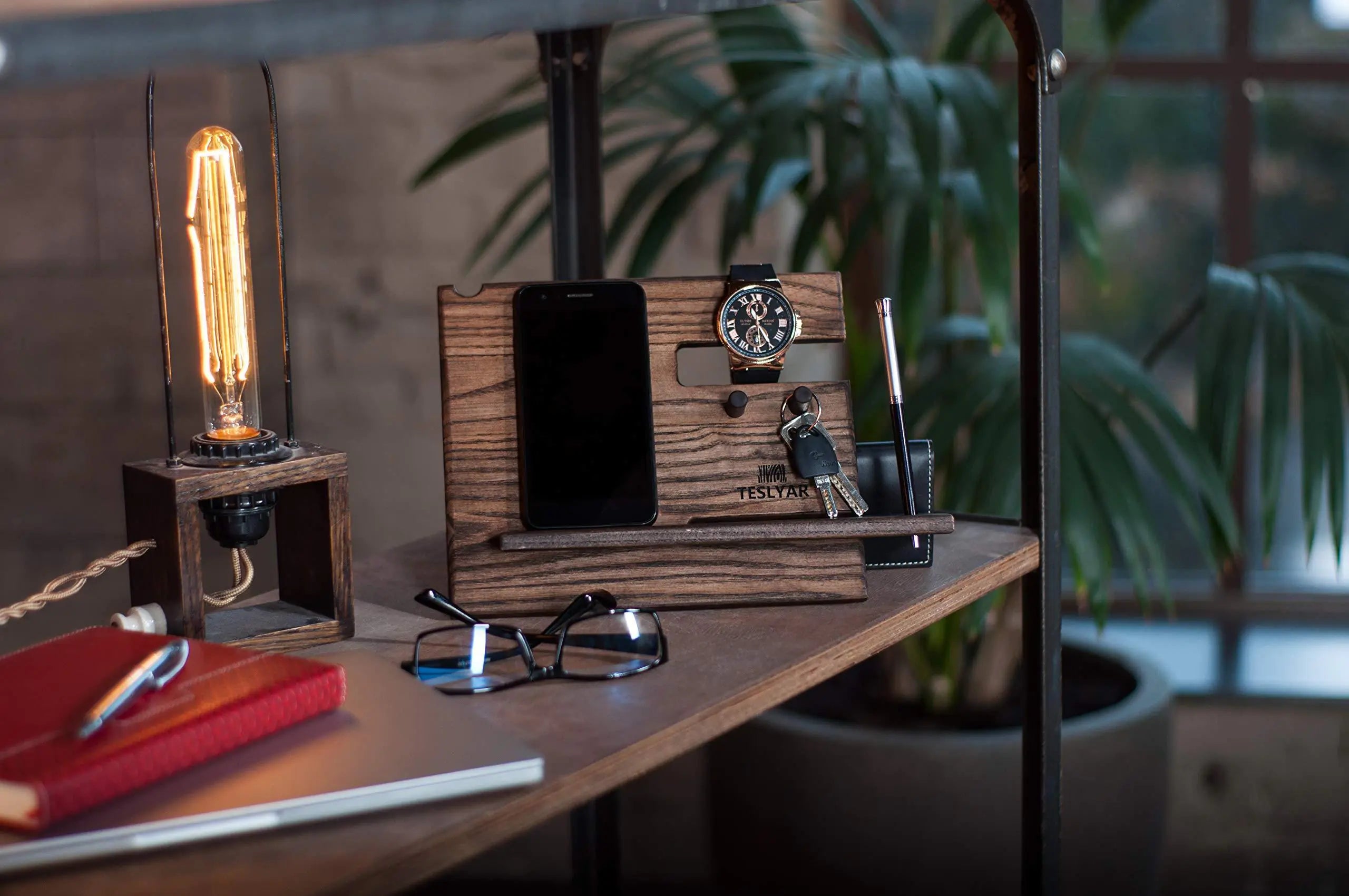 Wood Phone Docking Station Ash Key Hooks Wallet Stand Watch Organizer for Men