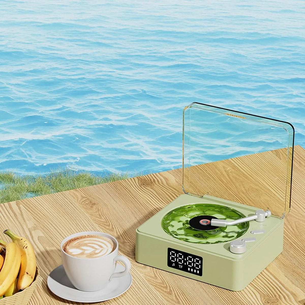 Waves Vinyl Player Bluetooth Speaker with White Noise Retro Turntable Speaker Sleep Aid Vitrola Shaped Speaker with RGB Light