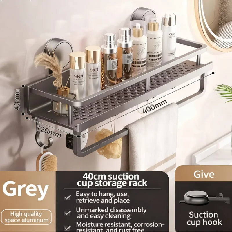 High Quality Aluminum No Drill Bathroom Organizer Suction Cup Wall Mount Rack with Shelf for Toilet and Bathroom Space Saving