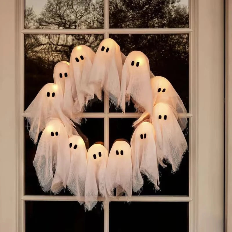 Halloween Ghost Wreath, 12 LED Light-Up White Ghost Garland, Spooky Indoor & Outdoor Hanging Decoration For Front Door, Wall