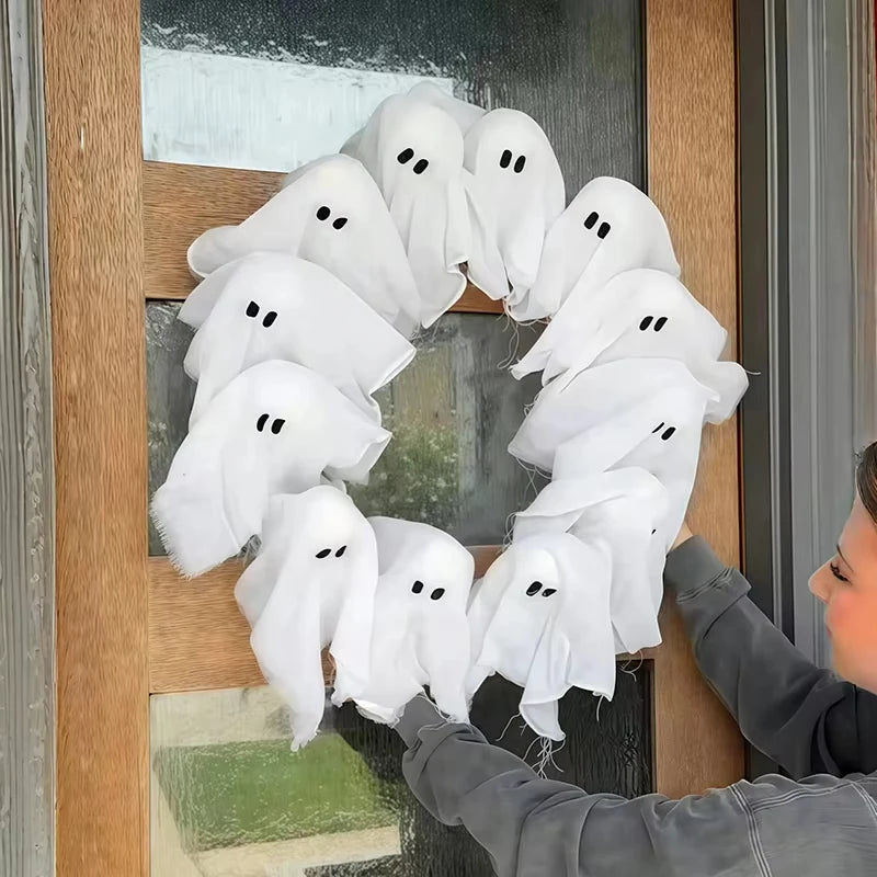 Halloween Ghost Wreath, 12 LED Light-Up White Ghost Garland, Spooky Indoor & Outdoor Hanging Decoration For Front Door, Wall
