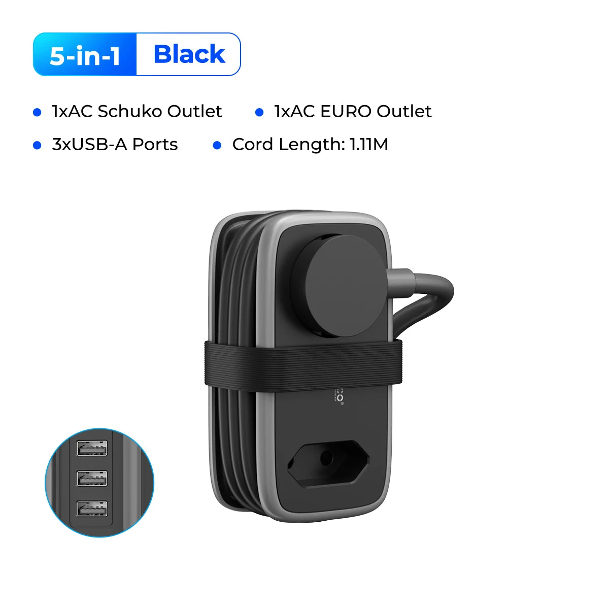 ORICO Power Strip  2AC 3USB Port EU Plug Socket 1.1M Extension Cable Sockets 5-In-1 Smart Socket for Home/Travel Power Strip