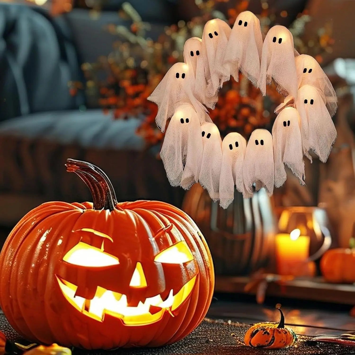Halloween Ghost Wreath, 12 LED Light-Up White Ghost Garland, Spooky Indoor & Outdoor Hanging Decoration For Front Door, Wall