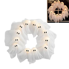 Halloween Ghost Wreath, 12 LED Light-Up White Ghost Garland, Spooky Indoor & Outdoor Hanging Decoration For Front Door, Wall