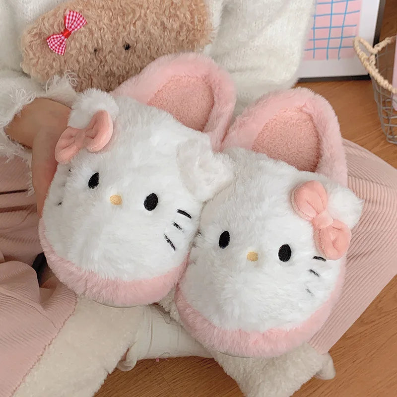 Cartoon Women Plush Slippers Hello Kitty Sanrio Home Anti Slip Autumn Winter Cute Girls Warm Home Indoor Cotton Slippers Gift