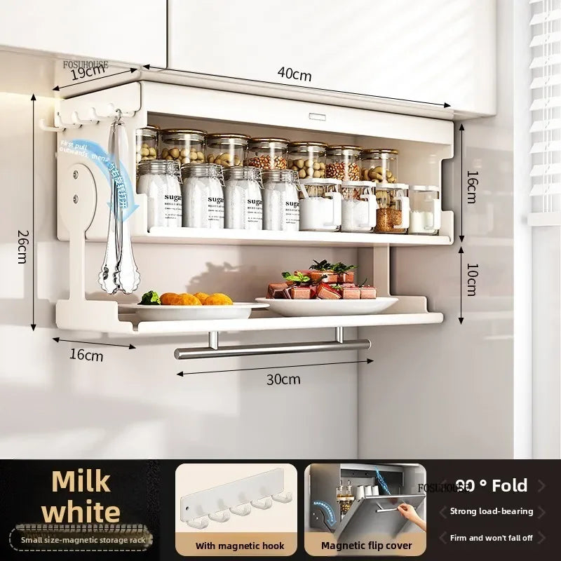 Kitchen Storage Racks Wall Mounted Spice Box Double Layer Foldable Prep Station Magnetic Hook Hanging Cabinet Organizer AA