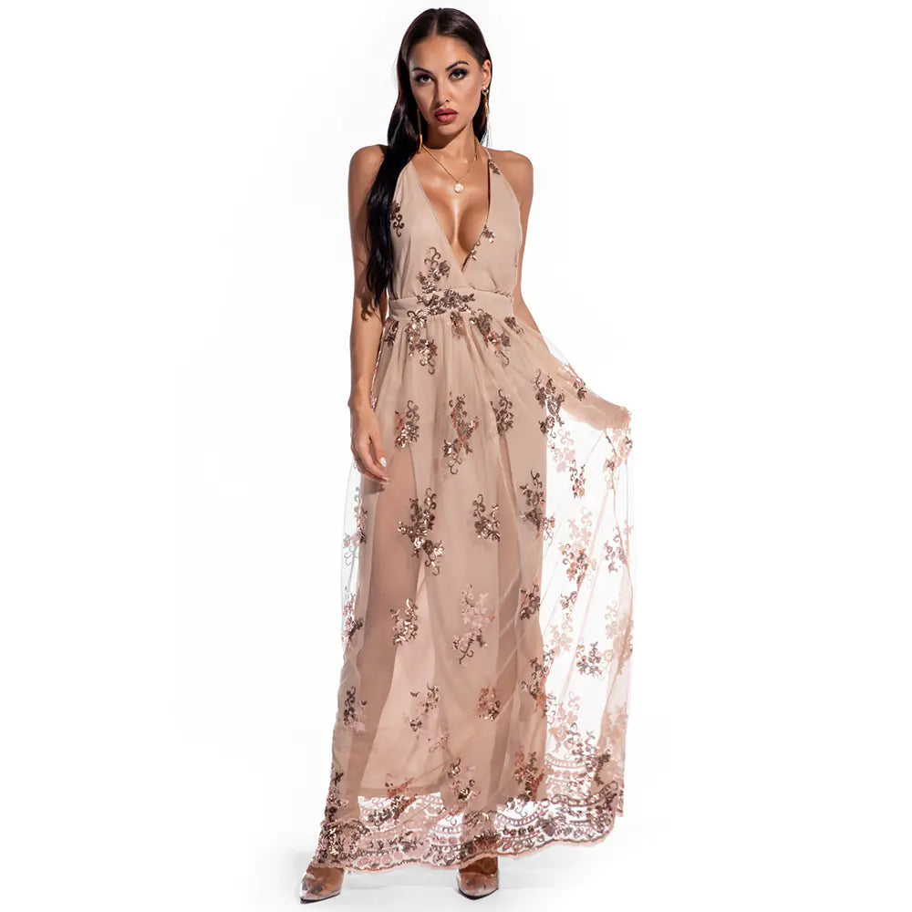 Contrast Sequin Deep V Neck Sleeveless Maxi Dress