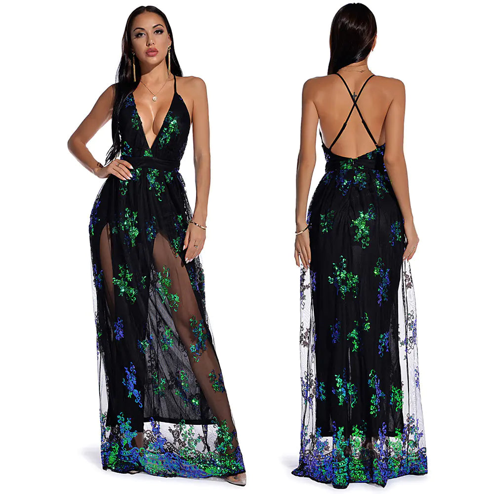 Contrast Sequin Deep V Neck Sleeveless Maxi Dress